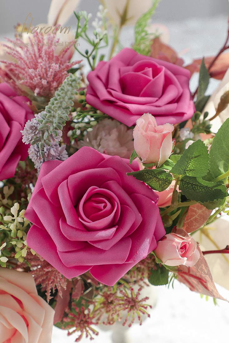Floroom Artificial Flowers 25pcs Real Looking Hot Pink Foam Fake Roses with Stems for DIY Wedding Bouquets Bridal Shower Centerpieces Floral Arrangements Party Tables Home Decorations - Image 3
